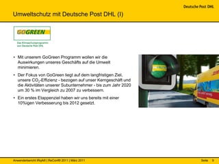 Umweltschutz mit Deutsche Post DHL (I)




• Mit unserem GoGreen Programm wollen wir die
  Auswirkungen unseres Geschäfts auf die Umwelt
  minimieren.
• Der Fokus von GoGreen liegt auf dem langfristigen Ziel,
  unsere CO2-Effizienz - bezogen auf unser Kerngeschäft und
  die Aktivitäten unserer Subunternehmer - bis zum Jahr 2020
  um 30 % im Vergleich zu 2007 zu verbessern.
• Ein erstes Etappenziel haben wir uns bereits mit einer
  10%igen Verbesserung bis 2012 gesetzt.




Anwenderbericht IRqA® | ReConf® 2011 | März 2011               Seite   9
 