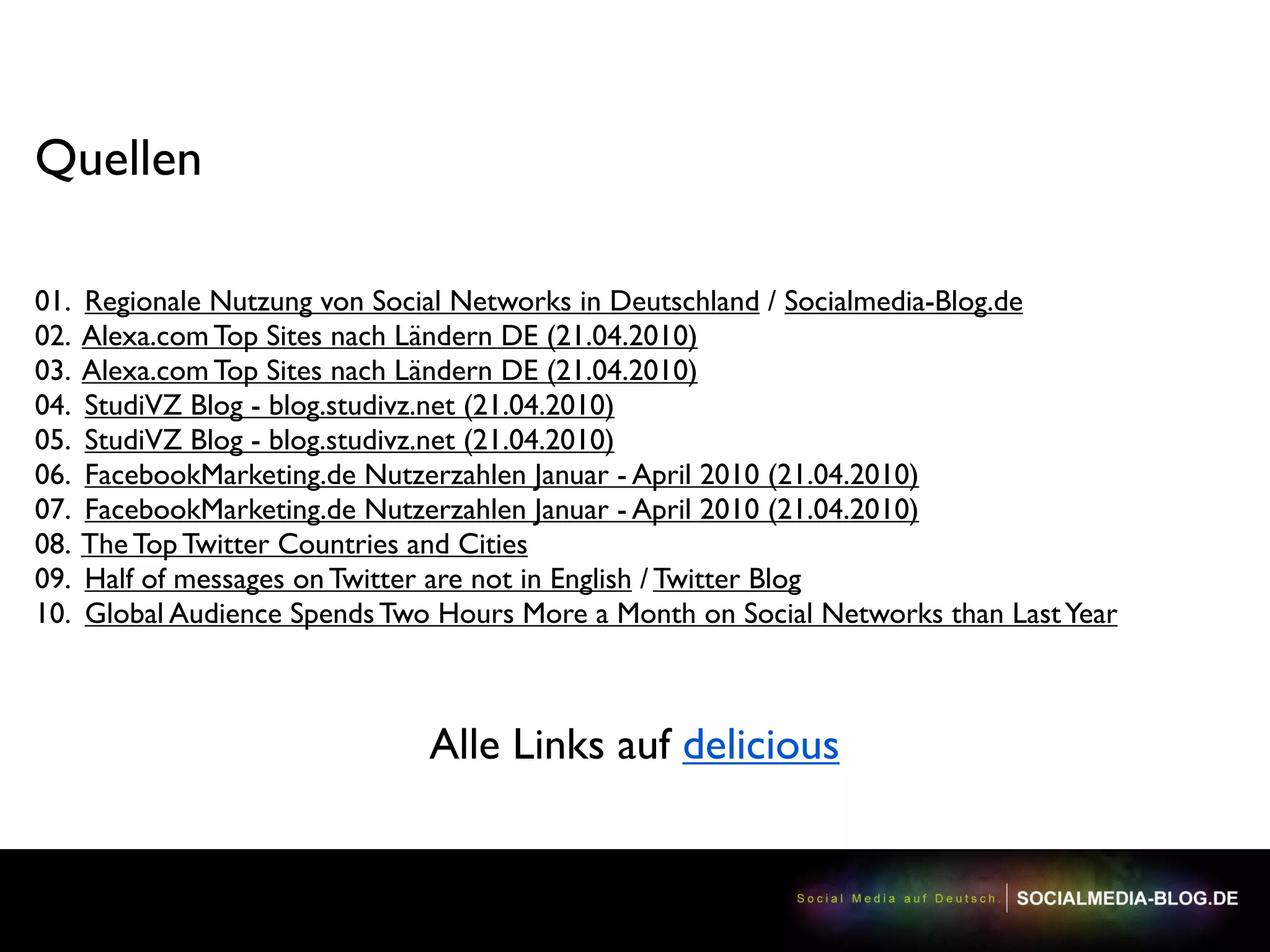 Quellen

01.   Regionale Nutzung von Social Networks in Deutschland / Socialmedia-Blog.de
02.   Alexa.com Top Sites nach Ländern DE (21.04.2010)
03.   Alexa.com Top Sites nach Ländern DE (21.04.2010)
04.   StudiVZ Blog - blog.studivz.net (21.04.2010)
05.   StudiVZ Blog - blog.studivz.net (21.04.2010)
06.   FacebookMarketing.de Nutzerzahlen Januar - April 2010 (21.04.2010)
07.   FacebookMarketing.de Nutzerzahlen Januar - April 2010 (21.04.2010)
08.   The Top Twitter Countries and Cities
09.   Half of messages on Twitter are not in English / Twitter Blog
10.   Global Audience Spends Two Hours More a Month on Social Networks than Last Year



                                Alle Links auf delicious
 