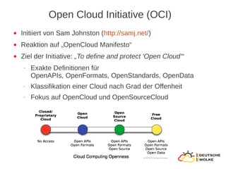 Open Cloud Initiative (OCI)
●   Initiiert von Sam Johnston (http://samj.net/)
●   Reaktion auf „OpenCloud Manifesto“
●   Ziel der Initiative: „To define and protect 'Open Cloud'“
    ‒   Exakte Definitionen für
        OpenAPIs, OpenFormats, OpenStandards, OpenData
    ‒   Klassifikation einer Cloud nach Grad der Offenheit
    ‒   Fokus auf OpenCloud und OpenSourceCloud
 