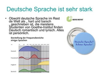 Deutsche Sprache ist sehr stark Obwohl deutsche Sprache im Rest de Welt als „ hart und barsch „ geschrieben ist, die meistens Studenten von Goethe-Institut finden Deutsch romantisch und lyrisch. Alles ist persönlich. 
