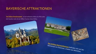 BAYERISCHE ATTRAKTIONEN
Das Schloss Neuschwanstein ist das berühmteste Schloss der Welt. Jedes
Jahr besuchen mehr als eine Million Touristen dieses Schloss.
 