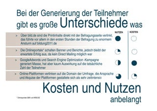 Bei der Generierung der Teilnehmer
 gibt es große                      Unterschiede
                                    was
                                                                                NUTZEN   KOSTEN
> Über bild.de sind die Printinhalte direkt mit der Befragungsseite verlinkt,
  das führte vor allem in den ersten Stunden der Befragung zu enormem
  Ansturm auf bildung2011.de
> Die Onlineportale* schalten Banner und Berichte, jedoch bleibt der
  erwartete Erfolg aus, da kein Direct Mailing möglich war
> GoogleAdwords und Search Engine Optimization -Kampagne
  generiert Masse, hat aber kaum Auswirkung auf die tatsächliche
  Zahl der Teilnehmer
> Online-Plattformen verlinken auf die Domain der Umfrage, die Ansprache
  und Akquise der Plattformen gestaltete sich als sehr zeitintensiv


                                  Kosten und Nutzen
 * Onlineportale GMX und WEB:DE

                                                                           anbelangt
 