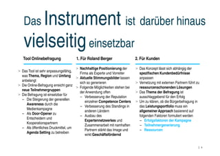 DasInstrument ist darüber hinaus
   vielseitig einsetzbar
   Tool Onlinebefragung              1. Für Roland Berger                  2. Für Kunden

                                     > Nachhaltige Positionierung der      > Das Konzept lässt sich abhängig der
> Das Tool ist sehr anpassungsfähig,
                                       Firma als Experte und Vorreiter       spezifischen Kundenbedürfnisse
  was Thema, Region und Umfang
                                     > Aktuelle Stimmungsbilder lassen       anpassen
  anbelangt
                                       sich so generieren                  > Vernetzung mit externen Partnern führt zu
> Die Online-Befragung erreicht ganz
                                     > Folgende Möglichkeiten stehen bei     ressourcenschonenden Lösungen
  neue Teilnehmergruppen
                                       der Anwendung offen                 > Das Thema der Befragung ist
> Die Befragung ist einsetzbar für
                                       – Verbesserung der Reputation         ausschlaggebend für den Erfolg
  – Die Steigerung der generellen
                                          einzelner Competence Centers     > Um zu klären, ob die Bürgerbefragung in
     Awareness durch die
                                       – Verbesserung des Standings in       das Leistungsportfolio muss ein
     Medienkampagne
                                          anderen Ländern                    allgemeiner Approach basierend auf
  – Als Door-Opener zu
                                       – Ausbau des                          folgenden Faktoren formuliert werden
     Entscheidern und
                                          Expertennetzwerkes und             – Erfolgsfaktoren der Kampagne
     Kooperationspartnern
                                          Zusammenarbeit mit namhaften       – Teilnehmergenerierung
  – Als öffentliches Druckmittel, um
                                          Partnern stärkt das Image und      – Ressourcen
     Agenda Setting zu betreiben
                                          wirkt Geschäftsfördernd


                                                                                                                         4
 