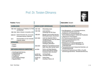 Beraterprofil: Prof. Dr. Torsten Oltmanns


Position: Partner                                                                                          Nationalität: Deutsch

  AUSBILDUNG                                        BERUFLICHER WERDEGANG                                  SCHLÜSSELPROJEKTE
 1989-1993 Ausbildung zum Redakteur für Politik 1987-1993           Wirtschaftsjournalist
           und Wirtschaft                                                                                  > Issue Management u.a. für Energieunternehmen,
                                                 1994-1996          Leiter des Büros,
 1989-1994 Diplom-Volkswirt, Universität zu Köln                    Vorsitzender der SPD, Bonn               europäischen Eisenbahnverband, etc.
                                                                                                           > Vorbereitung von Tarivferhandlungen und
 2008-2011 Externe Promotion (Dr. rer.soc.oec),     1996-2001       Manager Communication Services,          Kommunikationsstrategie für Verband der Privatbanken
           Universität Innsbruck, Österreich                        McKinsey&Company, Deutschland          > Lobbyismus für Finanzinstitution
                                                    2001-2003       Leiter des integrierten Reform-        > Re-Positionierung eines MIschkonzerns
 2012         Honorarprofessur an der Universität
                                                                    managements und Leiter des Stabes      > Vorbereitung des Börsengangs eines
              Innsbruck, Austrai                                    Leitungscontrolling,                     Wohnungsunternehmens
  SPRACHEN                                                          Bundesministerium der                  > Realisierung von Privatisierungsprojekten mit
                                                                    Verteidigung, Berlin/Bonn                Haushaltsausschuss des Dt. Bundestages und
 > Deutsch
                                                    2003-2004       Mitglied der Geschäftsleitung Public     Landesregierungen
 > Englisch
                                                                    Sector, Booz Allen Hamilton, Berlin    > Themenpositionierung für Verband der Sicherheits- und
                                                                                                             Verteidigungswirtschaft
  METHODOLOGISCHE KOMPETENZ                         seit 2004       Partner und Global Marketing
                                                                                                           > Coaching und Positionierung von CEOs, z.B. große
                                                                    Director,Roland Berger Strategy
                                                                    Consultants, Berlin und Zürich           Versicherungsunternehmen, Rohstoffunternehmen etc.
 >   Verwaltungsmodernisierung
 >   Change Management                              parallel seit Lehrbeauftragter
 >   De-Regulierung                                 Oktober 2006 Universität Innsbruck
 >   Privatisierung
 >   Kommunikations-Strategie                       parallel seit   Visiting Fellow,
 >   Regulierte Märkte                              2008            University of Oxford, UK



Quelle: Roland Berger                                                                                                                                                40
 