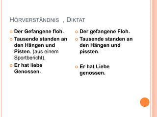 HÖRVERSTÄNDNIS , DIKTAT
 Der Gefangene floh.
 Tausende standen an
den Hängen und
Pisten. (aus einem
Sportbericht).
 Er hat liebe
Genossen.
 Der gefangene Floh.
 Tausende standen an
den Hängen und
pissten.
 Er hat Liebe
genossen.
 