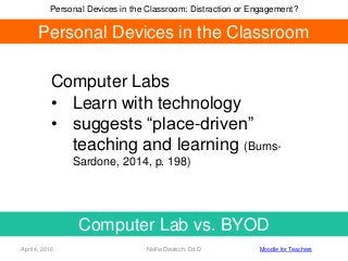 Computer Lab vs. BYOD
April 4, 2016 Nellie Deutsch, Ed.D Moodle for Teachers
Personal Devices in the Classroom: Distractio...