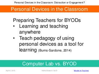 Computer Lab vs. BYOD
April 4, 2016 Nellie Deutsch, Ed.D Moodle for Teachers
Personal Devices in the Classroom: Distractio...
