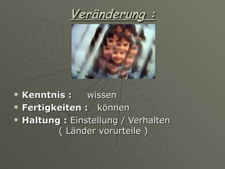 Veränderung :




   Kenntnis :    wissen
   Fertigkeiten : können
   Haltung : Einstellung / Verhalten
           ( Länder vorurteile )
 