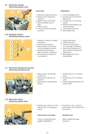 4.9 Desmontar inyector
Removing injection valve
Secuencias: Sequences:
1. Desmontar tubería de retorno 1. 1. Unscrew leakage oil line 1.
2. Aflojar tuerca 2 del tubo de 2. Unscrew cap nut 2 from fuel
inyección. delivery line.
3. Quitar tuercas 3 de la brida. 3. Unscrew nuts 3 on mounting
4. Retirar arandela cónica y bracket.
brida. 4. Remove domed washers and
5. Retirar inyector. mounting bracket.
6. Tener en cuenta la arandela 5. Take injection valve out.
de junta 4. 6. Note sealing ring 4.
4.10 Despiezar inyector
Dismantling injection valve
1. Sujetar en un banco, el cuerpo 1. Clamp nozzle body 1
del inyector 1. 2. Unscrew cap nut 2.
2. Desenroscar la tuerca 2. 3. Take multi -hole nozzle 3
3. Sacar la tobera 3 del inyector out. (Exchange if necessary)
(en caso necesario, sustituir) 4. Remove intermediate disc 4,
4. Quitar pieza intermedia 4, ball 5, pressure spring 6 and
bola 5, muelle 6 y arandelas 7. sealing ring 7.
5. Al montar, tener cuidado con 5. Note sealing ring 7 when
las arandelas 7. reassembling.
4.11 Desmontar tuberías de inyección
Removing fuel delivery line
1. Aflojar tuerca 1 en la bomba 1. Unscrew cap nut 1 on injection
de inyección. pump.
2. Aflojar tuerca 2 del tubo de 2. Unscrew cap nut 2 on injection
inyección. valve.
3. Desmontar las medias abraza- 3. Unscrew pipe clamp halves 3 on
deras 3. cylinder head.
4.12 Desmontar culata
Removing cylinder head
1. Desenroscar tuercas 1 con una 1. Unscrew hex. nuts 1 (4 per cy-
llave de vaso ( 4 unidades por linder head) on the tie bolts with a
culata). box spanner
Instrucciones de montaje: Assembly note:
Tener en cuenta Normas de Observe tightening torque,
apriete, apartado 6.2 section 6.2
13
 