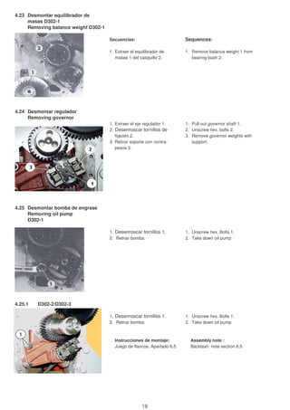 4.23 Desmontar equilibrador de
masas D302-1
Removing balance weight D302-1
Secuencias: Sequences:
1. Extraer el equilibrador de 1. Remove balance weight 1 from
masas 1 del casquillo 2. bearing bush 2.
4.24 Desmontar regulador
Removing governor
1. Extraer el eje regulador 1. 1. Pull out governor shaft 1.
2. Desenroscar tornillos de 2. Unscrew hex. bolts 2.
fijación 2. 3. Remove governor weights with
3. Retirar soporte con contra- support.
pesos 3.
4.25 Desmontar bomba de engrase
Removing oil pump
D302-1
1. Desenroscar tornillos 1. 1. Unscrew hex. Bolts 1.
2. Retirar bomba. 2. Take down oil pump
4.25.1 D302-2/D302-3
1. Desenroscar tornillos 1. 1. Unscrew hex. Bolts 1.
2. Retirar bomba. 2. Take down oil pump
Instrucciones de montaje: Assembly note :
Juego de flancos, Apartado 6.5 Backlash: note section 6.5
1
1
19
 