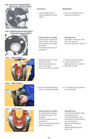 4.35 Desmontar cigüeñal D302-1
Removing crankshaft D302-1
Secuencias: Sequences:
1. Sacar el cigüeñal por el 1. Remove crankshaft through
orificio del alojamiento lado bearing cover aperture.
volante.
4.35.1 Cigüeñal desmontado D302-1
Crankshaft removed D302-1
Instrucciones de montaje: Assembly note :
Las ranuras de engrase del Oil pockets on bearing 1 must
anillo cojinete 1, tienen que face crank web end.
estar situadas hacia el lado Note axial clearance, section 6.3
del volante.
Controlar el juego axial, ver
apartado 6.3
4.35.2 D302-2/D302-3
1. Desatornillar tornillo 1 de la 1. Remove main bearing bolts 1
tapa de bancada. 2. Lift off bearing cover 2.
2. Sacar tapa de bancada 2. Bearing covers are numbered.
Están numeradas. 3. Note bearing shells.
3. Tener en cuenta los cojinetes.
4.35.3 D302-2/D302-3
4. Sacar el cigüeñal del bloque. 4. Lift crankshaft from crankcase
Tener en cuenta los cojinetes. and note bearing.
4.35.4 D302-2/D302-3
Instrucciones de montaje: Assembly note:
No intercambiar las tapas ni Do not confuse bearing shells
el cojinete de ajuste 1 y de and bearing covers.
bancada 2. Insert thrust bearing 1 and
Controlar el juego axial, ver main bearing 2 noting locating
apartado 6.3 pin in bearing cover.
Tener en cuenta las normas de Observe axial clearance,
apriete, apartado 6.2 section 6.3
Observe tightening torque,
section 6.2
23
 
