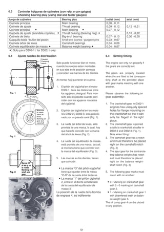 6.3 Controlar holguras de cojinetes (con reloj o con galgas)
Checking bearing play (using dial and feeler gauges)
Juego de cojinetes Bearing play radial (mm) axial (mm)
Cojinete principal Main bearing 0,08 - 0,11
Cojinete de ajuste Thrust bearing 0,09 - 0,12 0,12 - 0,21
Cojinete principal Main bearing 0,07 - 0,12
Cojinete de ajuste (arandela cojinete) Thrust bearing (Bearing ring) 0,10 - 0,22
Cojinete de biela Big-end bearing 0,07 - 0,10 0,30 - 0,50
Casquillo biela / bulón del pistón Small-end bushes / gudgeon pins 0,03 - 0,07
Cojinete árbol de levas Camshaft bearings 0,04 - 0,08
Cojinete equillibrador de masas Balance weight bearing 0,04 - 0,07
) Solo para D302-1 / for D302-1 only
6.4 Ajuste ruedas de distribución 6.4 Setting timing
Solo puede funcionar bien el motor, The engine can only run properly if
cuando las ruedas estan montadas the gears are correctly set.
en sus ejes en la posición correcta
y coinciden las marcas de los dientes. The gears are properly located
when the are fitted to the correspon-
Al montar hay que tener en cuenta: ding shaft at the provided place
with gear marks meshing with one
1. El piñón del cigüeñal en el motor another.
D302-1, tiene las distancias entre
los agujeros, desigual. Para mon- Please observe the following on
tarlo sólo es posible cuando coin- gear assembly:
cidan con los agujeros roscados
del cigüeñal. 1. The crankshaft gear in D302-1
engines has unequally spaced
2. El piñón del cigüeñal en los moto- holes for flange mounting on
res D302-2 y D302-3, está posicio- the crankshaft so that it can
nado por un pasado axial (Fig. 1). only be flaged in the right
place.
3. La rueda del árbol de levas, está 2. The crankshaft gear is pinned
provista de una marca, la cual, hay axially to crankshaft at collar in
que hacerla coincidir con la marca D302-2 and D302-3 (Fig. 1).
del árbol de levas (Fig. 2). Note when fitting!
3. The camshaft gear has a notch
4. La rueda del equilibrador de masas, and must therefore be placed
está provista de una marca, la cual, right on the camshaft notch
al montarla tiene que coincidir con (Fig. 2)
la marca del equilibrador (Fig. 3). 4. The spur gear for the contrarota-
ting balance weights has notch
5. Las marcas en los dientes, tienen and must therefore be placed
que coincidir: right on the balance weight-
shaft notch (Fig. 3)
La marca "O" del piñón cigüeñal
tiene que quedar entre la marca 5. The following gear marks must
"O-O" de la rueda árbol de levas. mesh with on another:
La marca "1" del piñón cigüeñal
2, entra en el diente achaflanado 0 - Marking on crankshaft gear
de la rueda del equilibrador de with 0 - 0 marking on camshaft
masas 3. gear 2.
La posición de la rueda de la bomba 1 - Marking on crankshaft gear 1
de engrase 4, es indiferente. with chamfered teeth on balan-
ce weight gear 3.
The oil pump gear 4 can be placed
in any position.
51
 