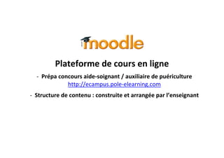 Plateforme de cours en ligne
- Prépa concours aide-soignant / auxiliaire de puériculture
http://ecampus.pole-elearning.com
- Structure de contenu : construite et arrangée par l’enseignant

 