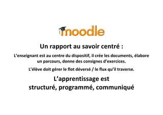 Un rapport au savoir centré :
L’enseignant est au centre du dispositif, il crée les documents, élabore
un parcours, donne des consignes d’exercices.
L’élève doit gérer le flot déversé / le flux qu’il traverse.

L’apprentissage est
structuré, programmé, communiqué

 