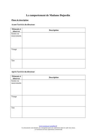 Le comportement de Madame Dujardin
Phase de description

Avant l’arrivée du directeur

Eléments à
                                                           Description
 observer
Gestes ou
mouvements




Visage




Ton




Après l’arrivée du directeur

Eléments à
                                                           Description
 observer
Gestes ou
mouvements




Visage




Ton




                                           www.crcom.ac-versailles.fr
             Ces documents sont destinés aux enseignants pour une exploitation dans le cadre leur classe,
                                  à l’exclusion de toute exploitation commerciale
 