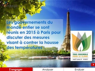 44
Les gouvernements du
monde entier se sont
réunis en 2015 à Paris pour
discuter des mesures
visant à contrer la hausse
des températures :
Engager Analyser EnvisagerAnalyser EvaluerS’engager
 