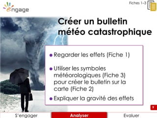 9
Créer un bulletin
météo catastrophique
9
 Regarder les effets (Fiche 1)
 Utiliser les symboles
météorologiques (Fiche 3)
pour créer le bulletin sur la
carte (Fiche 2)
 Expliquer la gravité des effets
Engager Analyser EnvisagerS’engager EvaluerAnalyser
Fiches 1–3
 