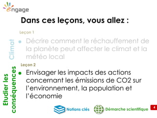 4
 Décrire comment le réchauffement de
la planète peut affecter le climat et la
météo local
 Envisager les impacts des actions
concernant les émissions de CO2 sur
l’environnement, la population et
l’économie
Démarche scientifiqueNotions clés
Climat
Leçon 1
Etudierles
conséquences
Leçon 2
Dans ces leçons, vous allez :
 