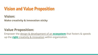 Vision and Value Proposition
Vision:
Make creativity & innovation sticky
Value Proposition:
Empower the design & development of an ecosystem that fosters & speeds
up the right creativity & innovation within organization.
 