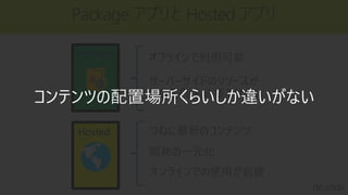 Package アプリと Hosted アプリ
Package
Hosted
コンテンツの配置場所くらいしか違いがない
 