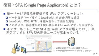 




• 必要に応じてサーバと連携するが...
• ページ全体がリロードされることはない
 