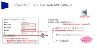[HttpPost]
public void UpdateAuthor(
UpdateAuthorRequest request)
{
// 送信されてきたデータを再チェック
if (ModelState.IsValid == false)
{
throw new ArgumentException()
}
... データ更新処理 ...
}
単体入力
再チェック
JSON データ
Web API
 