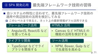 

• AngularJS, ReactJS など
を使ってみる
• Canvas など HTML5 の
機能の活用を検討する
• TypeScript などでライ
ブラリを開発する
• NPM, Bower, Gulp など
で生産性を高める
 