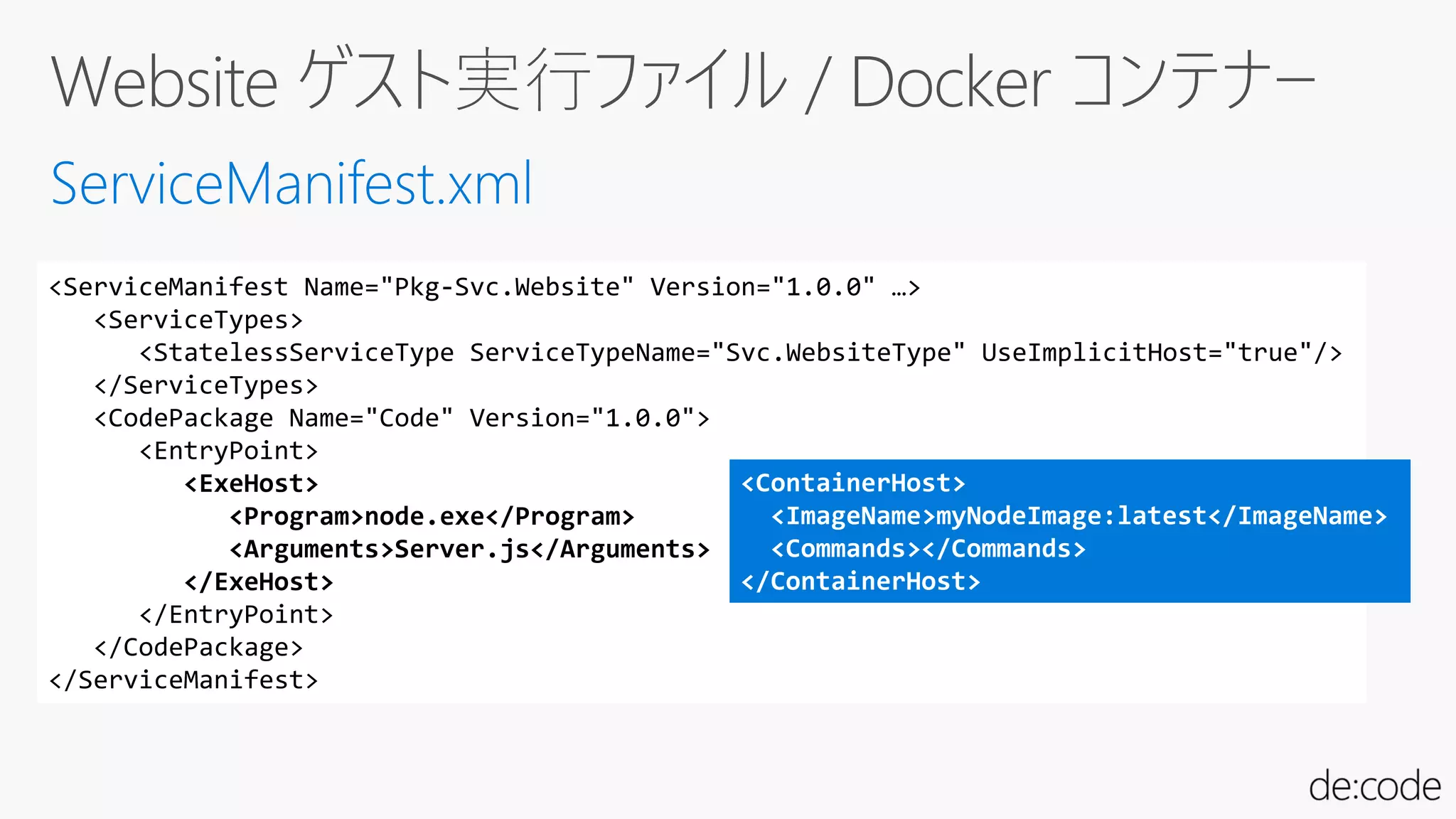 <ServiceManifest Name="Pkg-Svc.Website" Version="1.0.0" …>
<ServiceTypes>
<StatelessServiceType ServiceTypeName="Svc.WebsiteType" UseImplicitHost="true"/>
</ServiceTypes>
<CodePackage Name="Code" Version="1.0.0">
<EntryPoint>
<ExeHost>
<Program>node.exe</Program>
<Arguments>Server.js</Arguments>
</ExeHost>
</EntryPoint>
</CodePackage>
</ServiceManifest>
<ContainerHost>
<ImageName>myNodeImage:latest</ImageName>
<Commands></Commands>
</ContainerHost>
 