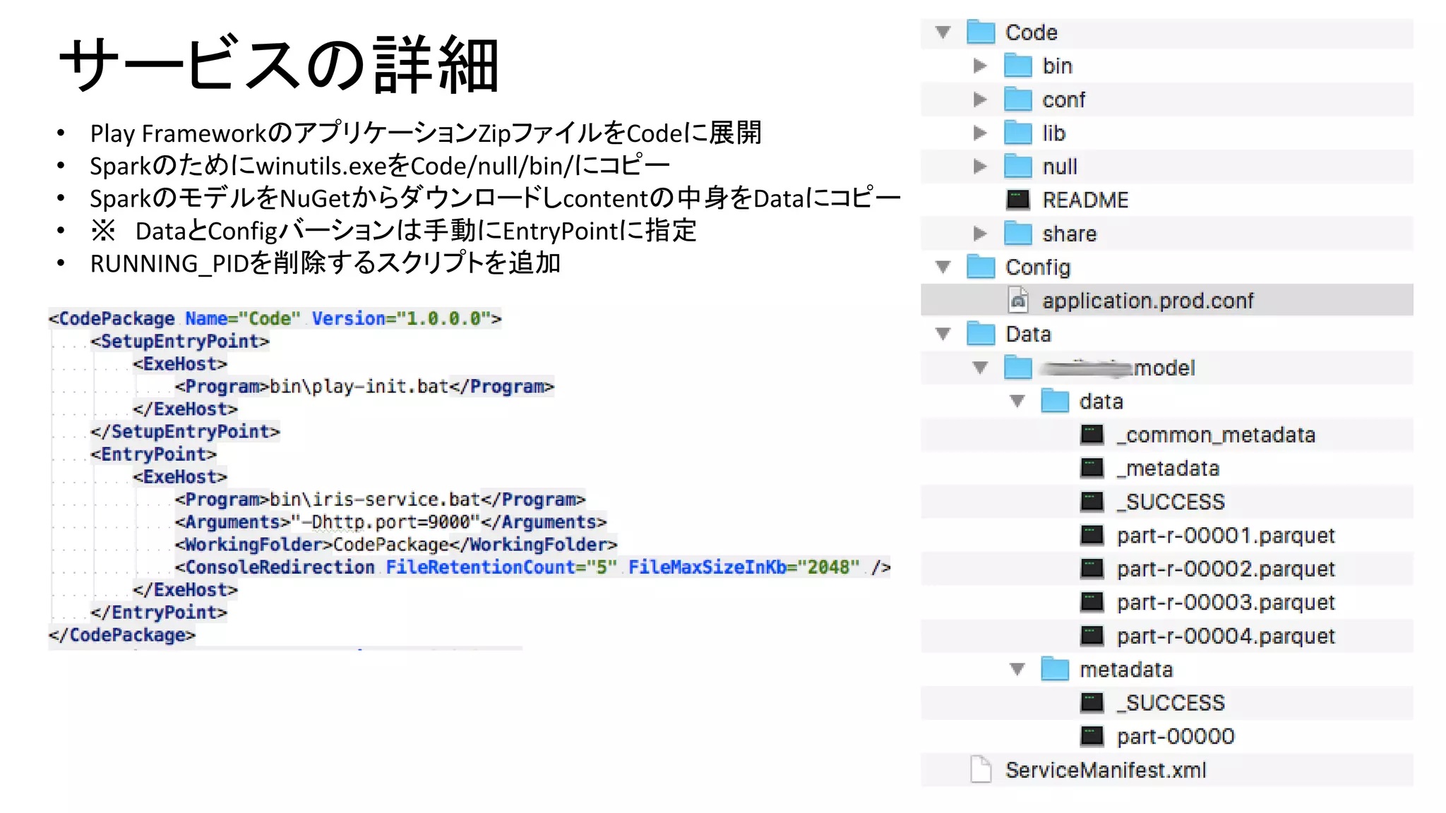 • Play FrameworkのアプリケーションZipファイルをCodeに展開
• Sparkのためにwinutils.exeをCode/null/bin/にコピー
• SparkのモデルをNuGetからダウンロードしcontentの中身をDataにコピー
• ※ DataとConfigバーションは手動にEntryPointに指定
• RUNNING_PIDを削除するスクリプトを追加
サービスの詳細
 