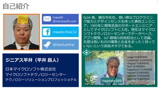 自己紹介
3
ジニアス平井（平井 昌人）
日本マイクロソフト株式会社
マイクロソフトテクノロジーセンター
テクノロジーソリューションプロフェッショナル
masato.hirai.52
@GeniusHirai
0x34 歳、横浜市在住。類い稀なプログラミン
グ能力とデザインセンスを持った異色エンジニ
ア。1993年に開発言語のサポートエンジニア
としてマイクロソフトに入社。現在はマイクロ
ソフトテクノロジーセンターでデータベース、
アプリ開発、IoT 領域の技術担当として活躍。
社歴は長いものの権限とお金をまったく持って
いないという技術オタクである。
masath
@microsoft.com
{
"anger":0.0000000,
"contempt":0.0000000,
"disgust":0.0000000,
"fear":0.0000000,
"happiness":0.6400000,
"neutral":0.3600000,
"sadness":0.0000000,
"surprise":0.0000000
}Happiness 64%
34
 