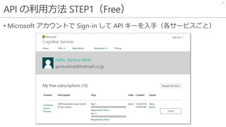 API の利用方法 STEP1（Free）
• Microsoft アカウントで Sign-in して API キーを入手（各サービスごと）
22
 