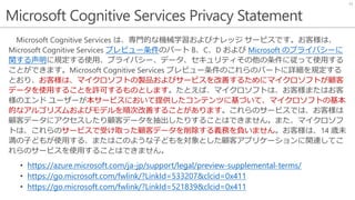 Microsoft Cognitive Services Privacy Statement
25
Microsoft Cognitive Services は、専門的な機械学習およびナレッジ サービスです。お客様は、
Microsoft Cognitive Services プレビュー条件のパート B、C、D および Microsoft のプライバシーに
関する声明に規定する使用、プライバシー、データ、セキュリティその他の条件に従って使用する
ことができます。Microsoft Cognitive Services プレビュー条件のこれらのパートに詳細を規定する
とおり、お客様は、マイクロソフトの製品およびサービスを改善するためにマイクロソフトが顧客
データを使用することを許可するものとします。たとえば、マイクロソフトは、お客様またはお客
様のエンド ユーザーが本サービスにおいて提供したコンテンツに基づいて、マイクロソフトの基本
的なアルゴリズムおよびモデルを順次改善することがあります。これらのサービスでは、お客様は
顧客データにアクセスしたり顧客データを抽出したりすることはできません。また、マイクロソフ
トは、これらのサービスで受け取った顧客データを削除する義務を負いません。お客様は、14 歳未
満の子どもが使用する、またはこのような子どもを対象とした顧客アプリケーションに関連してこ
れらのサービスを使用することはできません。
• https://azure.microsoft.com/ja-jp/support/legal/preview-supplemental-terms/
• https://go.microsoft.com/fwlink/?LinkId=533207&clcid=0x411
• https://go.microsoft.com/fwlink/?LinkId=521839&clcid=0x411
 