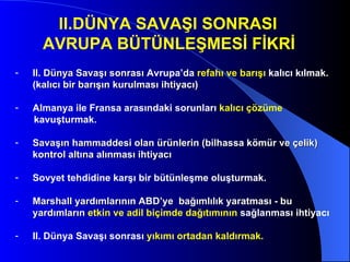 II.DÜNYA SAVAŞI SONRASI  AVRUPA BÜTÜNLEŞMESİ FİKRİ II. Dünya Savaşı sonrası  Avrupa’da  refahı ve barışı  kalıcı kılmak. ( kalıcı bir barışın kurulması ihtiyacı) Almanya ile Fransa arasındaki sorunları  kalıcı çözüme   kavuşturmak.  Savaşın hammaddesi olan ürünlerin (bilhassa kömür ve çelik) kontrol altına alınması ihtiyacı Sovyet tehdidine karşı bir bütünleşme oluşturmak. Marshall  yardımlarının ABD’ye  bağımlılık yaratması - bu yardımların  etkin ve adil biçimde dağıtımının  sağlanması ihtiyacı  II. Dünya Savaşı sonrası  yıkımı ortadan kaldırmak.  