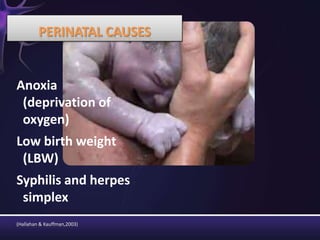 Anoxia
(deprivation of
oxygen)
Low birth weight
(LBW)
Syphilis and herpes
simplex
PERINATAL CAUSES
(Hallahan & Kauffman,2003)
 