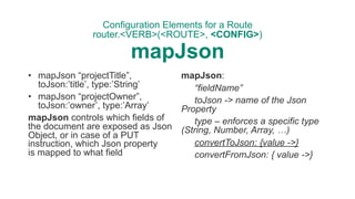 Configuration Elements for a Route 
router.<VERB>(<ROUTE>, <CONFIG>) 
mapJson
• mapJson “projectTitle”,
toJson:’title’, ty...