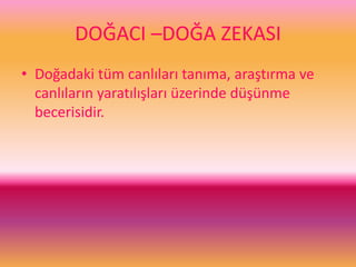 DOĞACI –DOĞA ZEKASI
• Doğadaki tüm canlıları tanıma, araştırma ve
canlıların yaratılışları üzerinde düşünme
becerisidir.
 