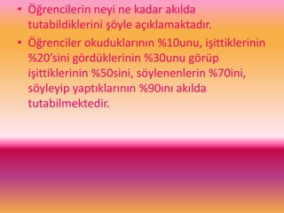 • Öğrencilerin neyi ne kadar akılda
tutabildiklerini şöyle açıklamaktadır.
• Öğrenciler okuduklarının %10unu, işittiklerinin
%20’sini gördüklerinin %30unu görüp
işittiklerinin %50sini, söylenenlerin %70ini,
söyleyip yaptıklarının %90ını akılda
tutabilmektedir.
 