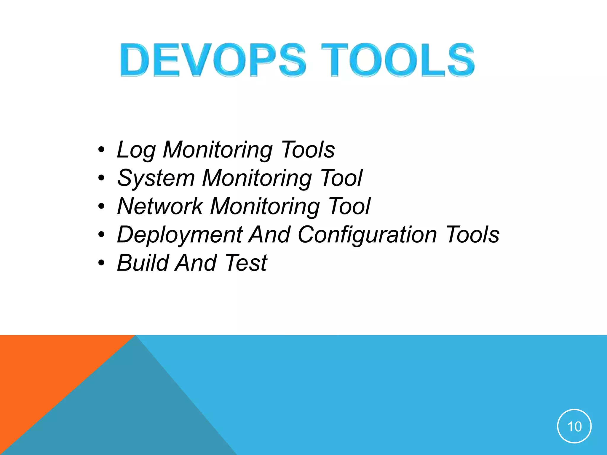 10
• Log Monitoring Tools
• System Monitoring Tool
• Network Monitoring Tool
• Deployment And Configuration Tools
• Build And Test
 