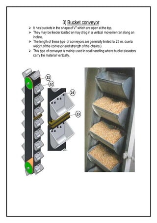 3) Bucket conveyor
 It has buckets in the shape ofV" which are open at the top.
 They may be feederloaded or may drag in a vertical movementor along an
incline.
 The length of these type of conveyors are generally limited to 25 m. due to
weight of the conveyor and strength of the chains.)
 This type of conveyer is mainly used in coal handling where bucketelevators
carry the material vertically.
 