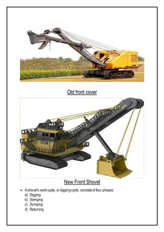Old front cover
New Front Shovel
 A shovel's work cycle, ordigging cycle, consists of four phases:
a) Digging
b) Swinging
c) Dumping
d) Returning
 