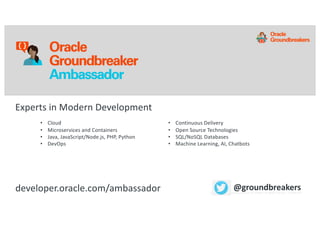 Copyright © 2018, eProseed and/or its affiliates. All rights reserved. | Confidential
Experts in Modern Development
• Cloud
• Microservices and Containers
• Java, JavaScript/Node.js, PHP, Python
• DevOps
developer.oracle.com/ambassador @groundbreakers
• Continuous Delivery
• Open Source Technologies
• SQL/NoSQL Databases
• Machine Learning, AI, Chatbots
 