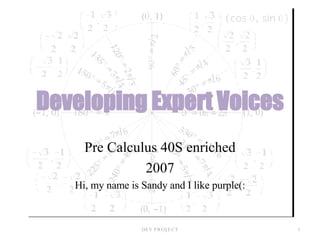 Developing Expert Voices Pre Calculus 40S enriched 2007 Hi, my name is Sandy and I like purple(: DEV PROJECT 