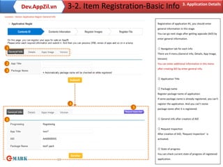 Dev.AppZil.vn                             3-2. Item Registration-Basic Info               3. Application Details

Location : Home> Application Regist> General Info

                                                                                   Registration of application #1, you should enter
                                                                                   general information in this stage.
                                                                                   You can go next stage after getting appcode (AID) by
                                                                                   enter general information.


 1                                                                                 ① Navigation tab for each info
                                                                                   There are 4 menu.(General info, Details, App Image,
                                                                                   Version)
 2                                                                                 You can enter additional information in this menu
                                                                                   after creating AID by enter general info.
 3

                                                                                   ② Application Title


                                                                                   ③ Package name
                                                                                   Register package name of application.
                                                                                   If same package name is already registered, you can’t
                                                         4                         register the application. And you can’t revise
                                                                            5      package name after it is registered.


 6                                                                                 ④ General info after creation of AID


                                                                                   ⑤ Request Inspection
                                                                                   After creation of AID, ‘Request Inspection’ is
                                                                                   activated.


                                                                                   ⑥ State of progress
                                                                                   You can check current state of progress of registered

                                                    11                             application.
 