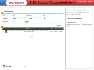 Dev.AppZil.vn                           3-10. State of Discounted Item                 3. Application Details

Location : Home>Application> Discount Item List

                                                                               You can search discount applications list.
                                                                               Discount is proceeded by AppZil own promotion
1                                                                              policy or request of developer.


                                                                               ① Search Discounted application


                                                                               ② Discount Item List
                                                                               Once you click the app name, it moves to app details
                                                                               screen.
2




                                                  20
 