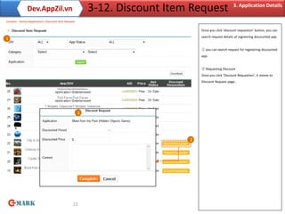 Dev.AppZil.vn                             3-12. Discount Item Request                  3. Application Details

Location : Home>Application> Discount Item Request

                                                                                Once you click ‘discount requestion’ button, you can
                                                                                search request details of registering discounted app.
1

                                                                                ① you can search request for registering discounted
                                                                                app.


                                                                                ② Requesting Discount
                                                                                Once you click ‘Discount Requestion’, it moves to
                                                                                Discount Request page..




                                                     2




                                                                            2




                                                22
 