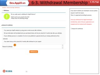 Dev.AppZil.vn               6-3. Withdrawal Membership                              6. My Page

Location : Home> My Page> Withdraw

                                                            If you want to delete your developer account, please
                                                            request it with the reason.
                                                            Then, it is approved according to process.


                                                            Once you withdraw from AppZil developer
                                                            membership, sales of all your applications are
                                                            stopped and the residual profit disappear.


                                                            ① Reason for withdraw




                        1




                                     35
 