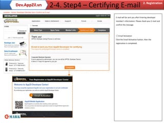 Dev.AppZil.vn                             2-4. Step4 – Certifying E-mail                        2. Registration

Location : Home> Developer Member Join> Confirm via E-mail

                                                                              E-mail will be sent you after Entering developer
                                                                              member’s Information. Please check your E-mail and
                                                                              confirm the message.




                                                                              ① Email Activation
                                                                              Click the Email Activation button, then the
                                                                              registration is completed.




                                  1




                                                  8
 