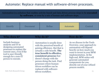 Automate: Replace manual with software-driven processes. As we discuss in the Tools Overview, your approach to automation will depend heavily on how much you want to invest in your BPM implementation. At the high end, BPM suites will generate automated components for you, directly out of your refined process models. Automation is usually done with the perceived benefit of gaining efficiency. But that is actually a side benefit.  The true benefit is effective, consistent process  that doesn’t change with the person doing the task. Find processes where human-driven workflow can be replaced with software-driven workflow. Info-Tech Research Group Include business analysts and IT in designing automated processes to replace the current ones, even if the tool is user-friendly enough for a non-IT person to execute. Document Refine Automate Control Identify Automation is a solution that enables activity-based and data driven process steps to be  executed by software , or even by a mix of human and software steps. Who does it? Why do it? How do it? 
