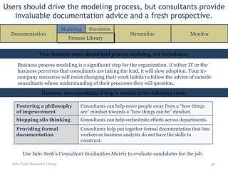 Users should drive the modeling process, but consultants provide invaluable documentation advice and a fresh prospective. Info-Tech Research Group Business process modeling is a significant step for the organization. If either IT or the business perceives that consultants are taking the lead, it will slow adoption. Your in-company resources will resist changing their work habits to follow the advice of outside consultants whose understanding of their processes they will question. Your business users should lead process modeling, not consultants. However, use consultants if help is needed in the following areas: Documentation Streamline Monitor Process Library Modeling Simulation Use Info-Tech’s  Consultant Evaluation Matrix  to evaluate candidates for the job. Fostering a philosophy of improvement Consultants can help move people away from a “how things are” mindset towards a “how things can be” mindset. Stopping silo thinking Consultants can help orchestrate efforts across departments. Providing formal documentation Consultants help put together formal documentation that line workers or business analysts do not have the skills to construct. 