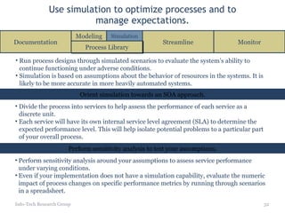 Use simulation to optimize processes and to manage expectations. Info-Tech Research Group Perform sensitivity analysis around your assumptions to assess service performance under varying conditions. Even if your implementation does not have a simulation capability, evaluate the numeric impact of process changes on specific performance metrics by running through scenarios in a spreadsheet. Run process designs through simulated scenarios to evaluate the system’s ability to continue functioning under adverse conditions. Simulation is based on assumptions about the behavior of resources in the systems. It is likely to be more accurate in more heavily automated systems. Orient simulation towards an SOA approach. Divide the process into services to help assess the performance of each service as a discrete unit.  Each service will have its own internal service level agreement (SLA) to determine the expected performance level. This will help isolate potential problems to a particular part of your overall process. Perform sensitivity analysis to test your assumptions. Documentation Streamline Monitor Process Library Modeling Simulation 